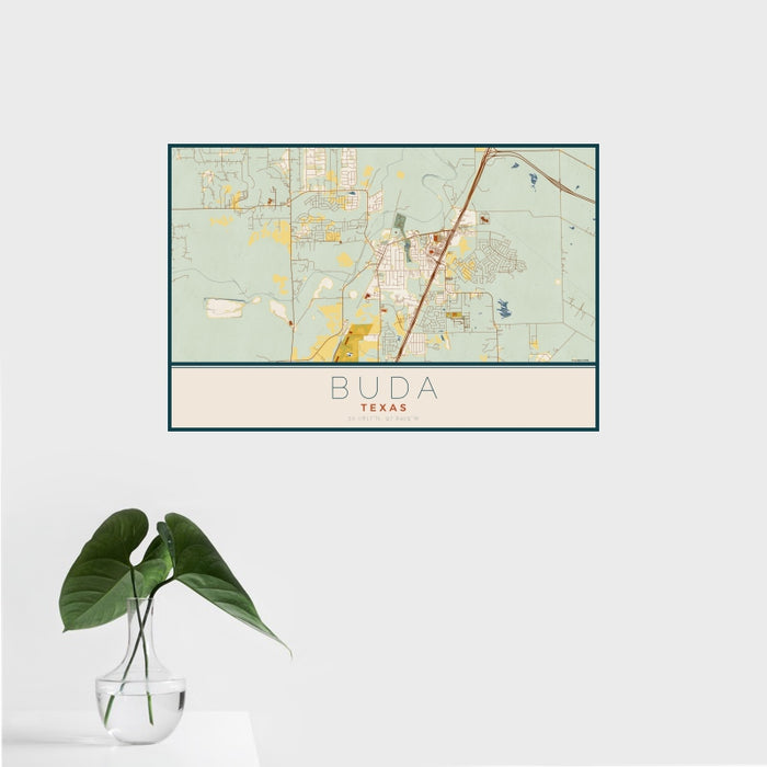 16x24 Buda Texas Map Print Landscape Orientation in Woodblock Style With Tropical Plant Leaves in Water