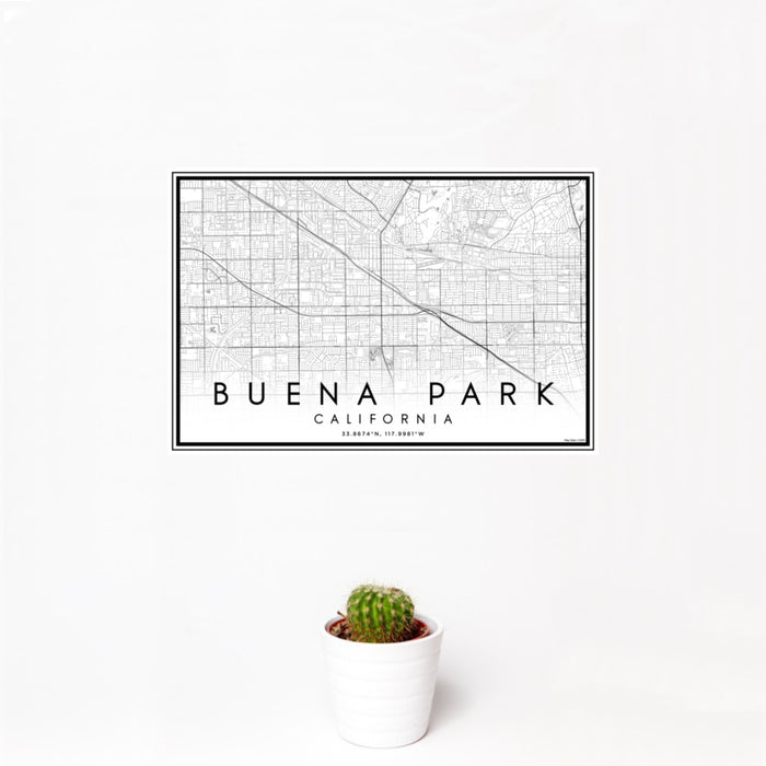 12x18 Buena Park California Map Print Landscape Orientation in Classic Style With Small Cactus Plant in White Planter