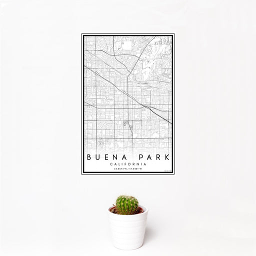 12x18 Buena Park California Map Print Portrait Orientation in Classic Style With Small Cactus Plant in White Planter