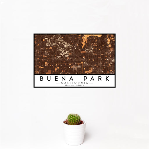 12x18 Buena Park California Map Print Landscape Orientation in Ember Style With Small Cactus Plant in White Planter