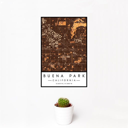 12x18 Buena Park California Map Print Portrait Orientation in Ember Style With Small Cactus Plant in White Planter
