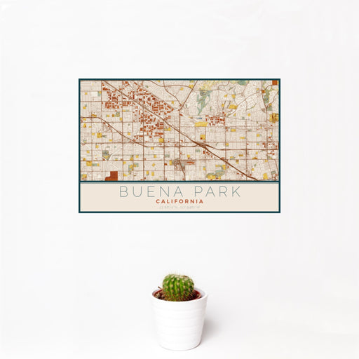 12x18 Buena Park California Map Print Landscape Orientation in Woodblock Style With Small Cactus Plant in White Planter