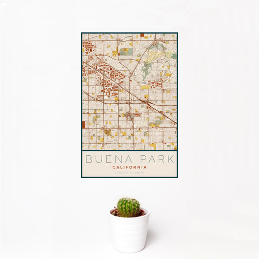 12x18 Buena Park California Map Print Portrait Orientation in Woodblock Style With Small Cactus Plant in White Planter