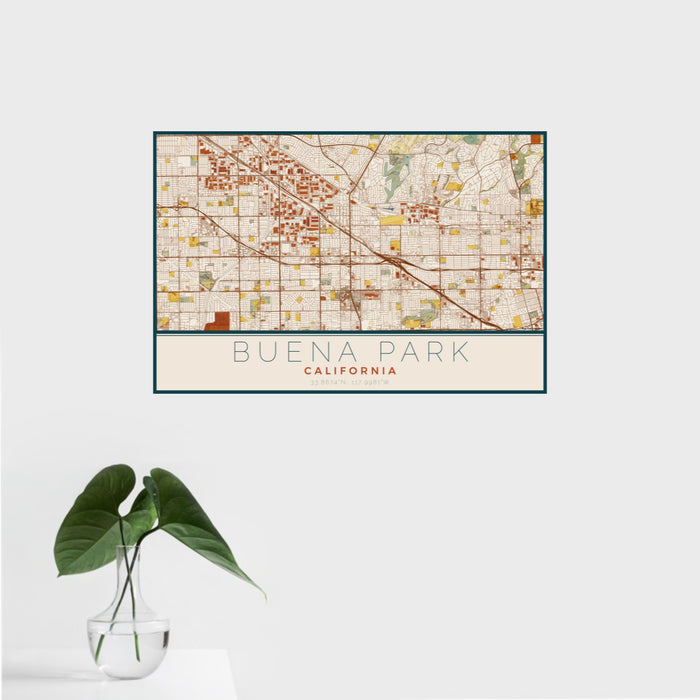 16x24 Buena Park California Map Print Landscape Orientation in Woodblock Style With Tropical Plant Leaves in Water