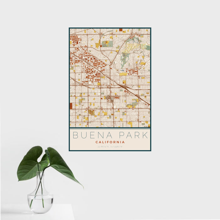 16x24 Buena Park California Map Print Portrait Orientation in Woodblock Style With Tropical Plant Leaves in Water