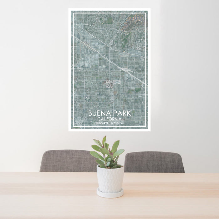 24x36 Buena Park California Map Print Portrait Orientation in Afternoon Style Behind 2 Chairs Table and Potted Plant