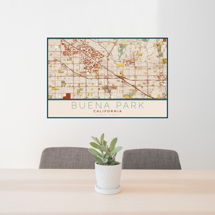 24x36 Buena Park California Map Print Lanscape Orientation in Woodblock Style Behind 2 Chairs Table and Potted Plant