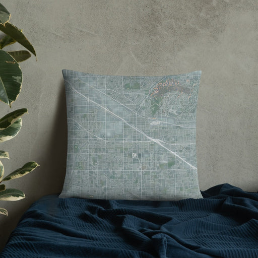 Custom Buena Park California Map Throw Pillow in Afternoon on Bedding Against Wall