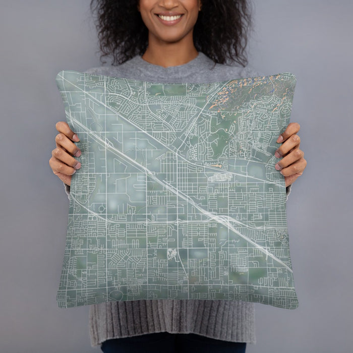 Person holding 18x18 Custom Buena Park California Map Throw Pillow in Afternoon