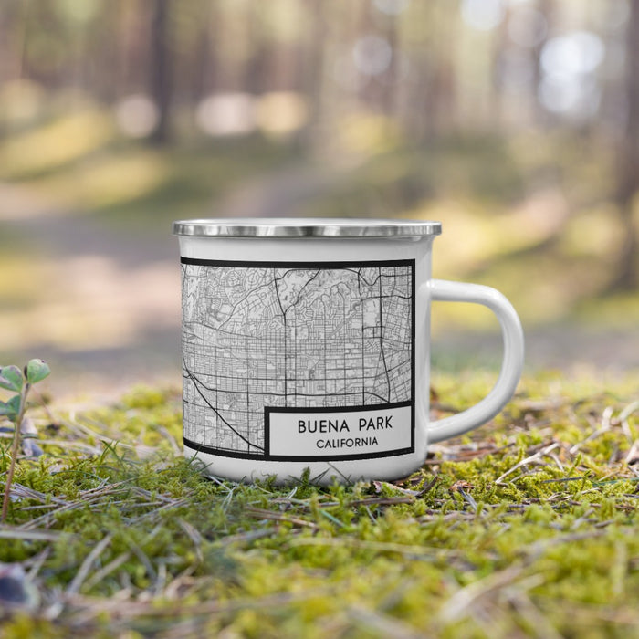 Right View Custom Buena Park California Map Enamel Mug in Classic on Grass With Trees in Background