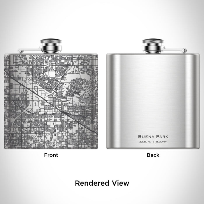 Rendered View of Buena Park California Map Engraving on 6oz Stainless Steel Flask