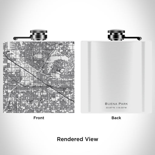 Rendered View of Buena Park California Map Engraving on 6oz Stainless Steel Flask in White