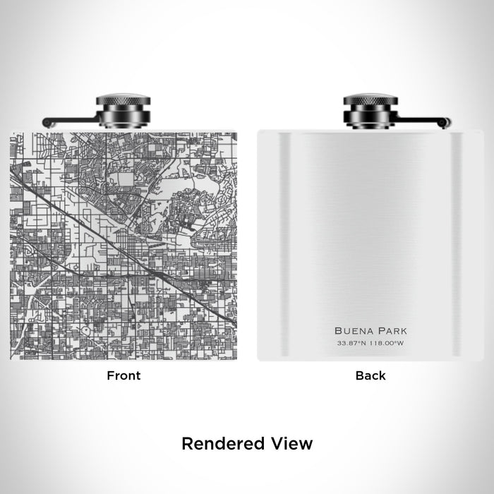 Rendered View of Buena Park California Map Engraving on 6oz Stainless Steel Flask in White