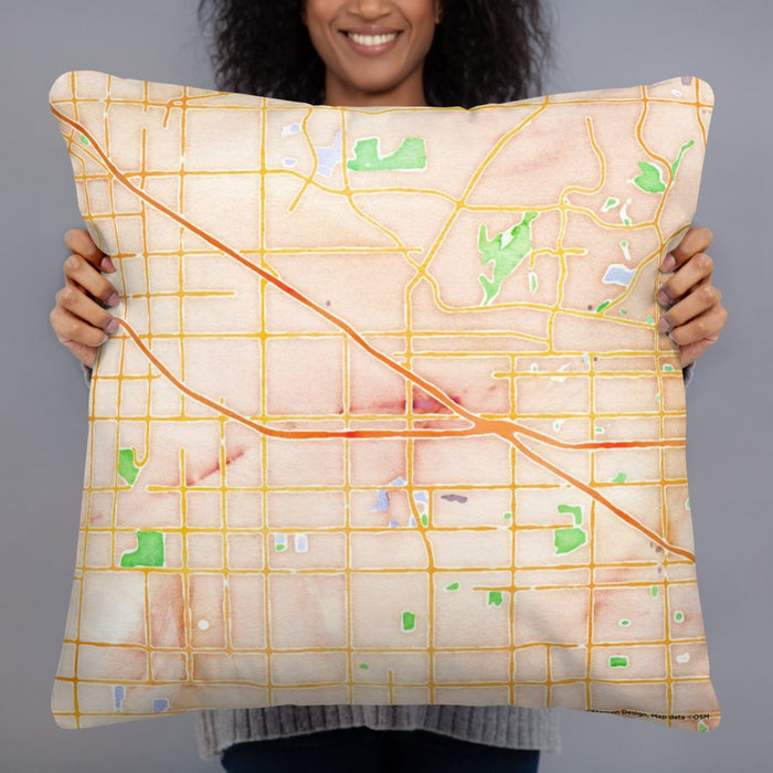 Person holding 22x22 Custom Buena Park California Map Throw Pillow in Watercolor