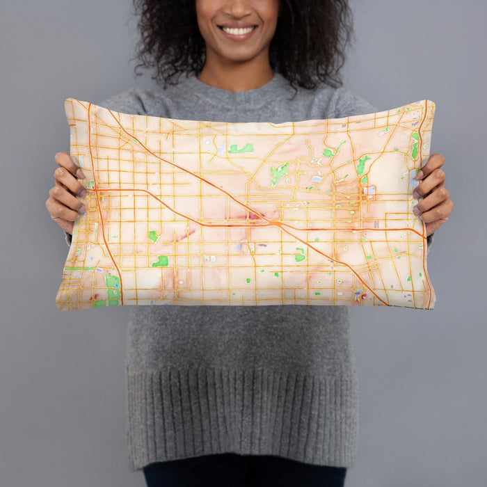 Person holding 20x12 Custom Buena Park California Map Throw Pillow in Watercolor