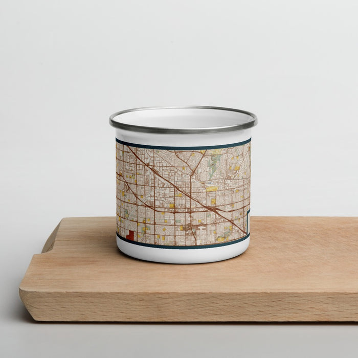 Front View Custom Buena Park California Map Enamel Mug in Woodblock on Cutting Board