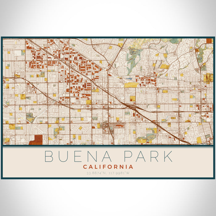 Buena Park California Map Print Landscape Orientation in Woodblock Style With Shaded Background