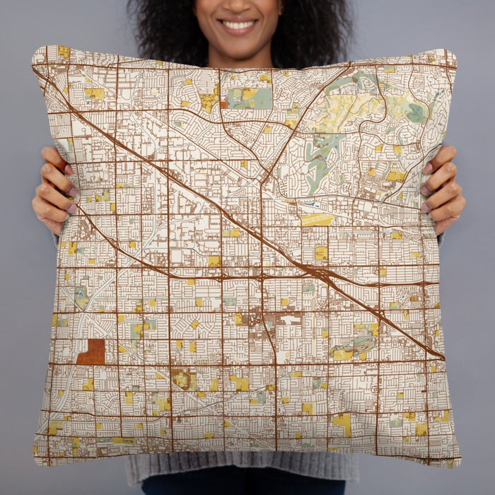 Person holding 22x22 Custom Buena Park California Map Throw Pillow in Woodblock