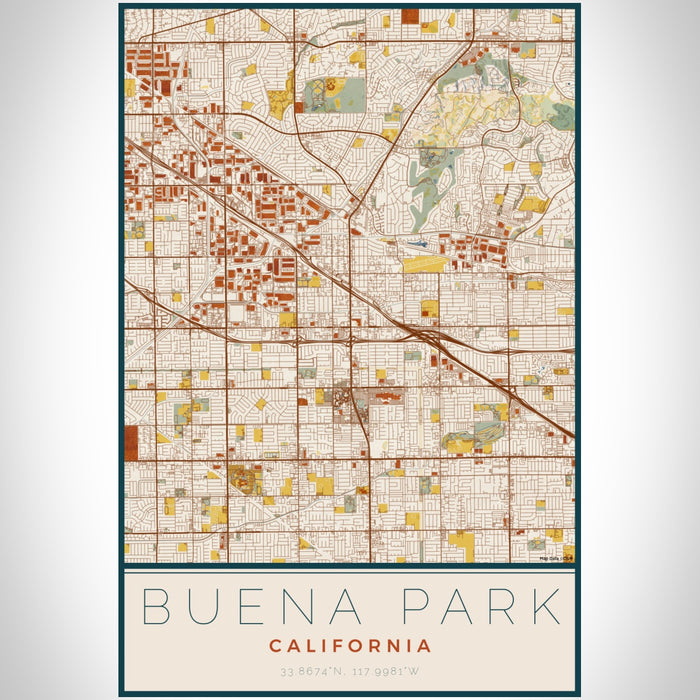 Buena Park California Map Print Portrait Orientation in Woodblock Style With Shaded Background