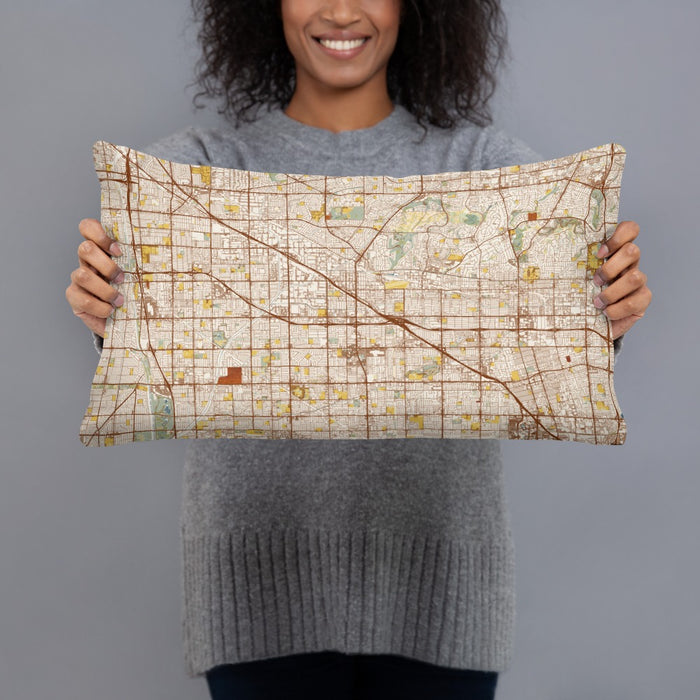 Person holding 20x12 Custom Buena Park California Map Throw Pillow in Woodblock