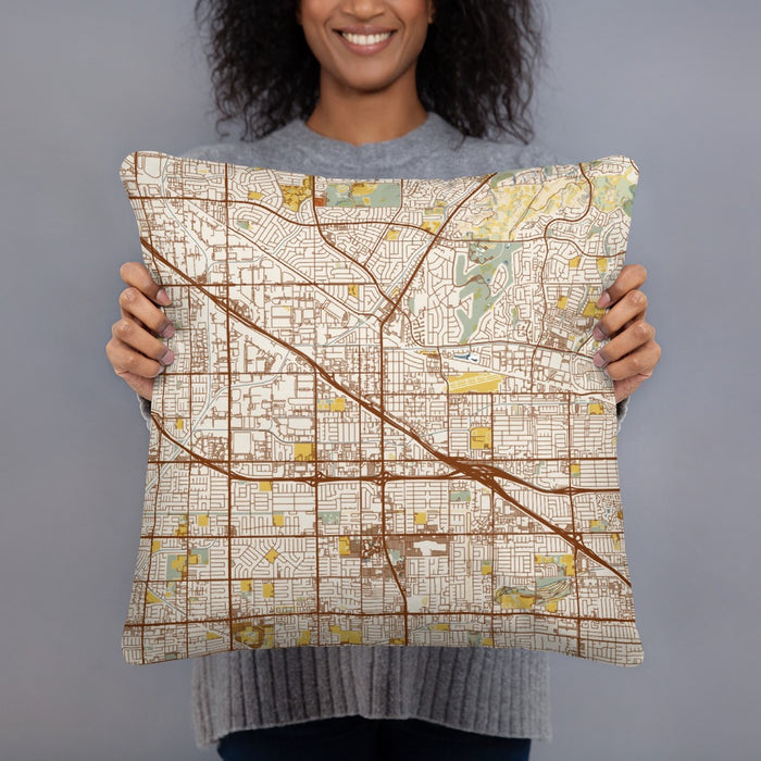 Person holding 18x18 Custom Buena Park California Map Throw Pillow in Woodblock