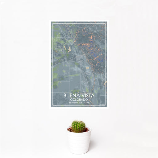 12x18 Buena Vista Colorado Map Print Portrait Orientation in Afternoon Style With Small Cactus Plant in White Planter