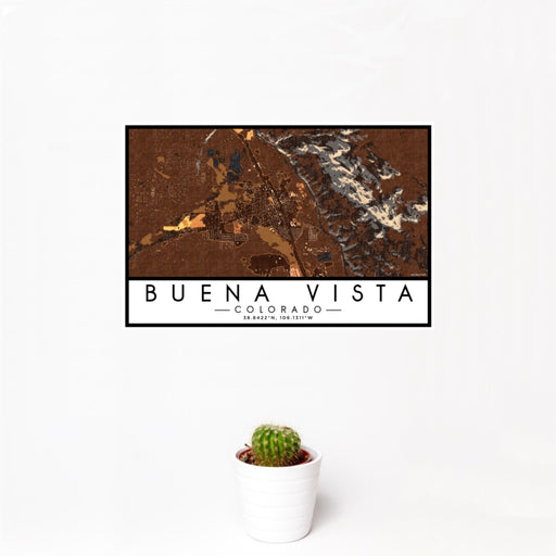 12x18 Buena Vista Colorado Map Print Landscape Orientation in Ember Style With Small Cactus Plant in White Planter