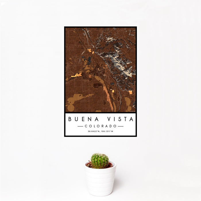 12x18 Buena Vista Colorado Map Print Portrait Orientation in Ember Style With Small Cactus Plant in White Planter