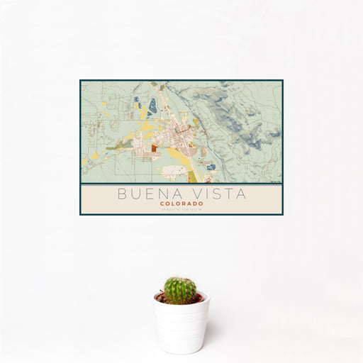 12x18 Buena Vista Colorado Map Print Landscape Orientation in Woodblock Style With Small Cactus Plant in White Planter