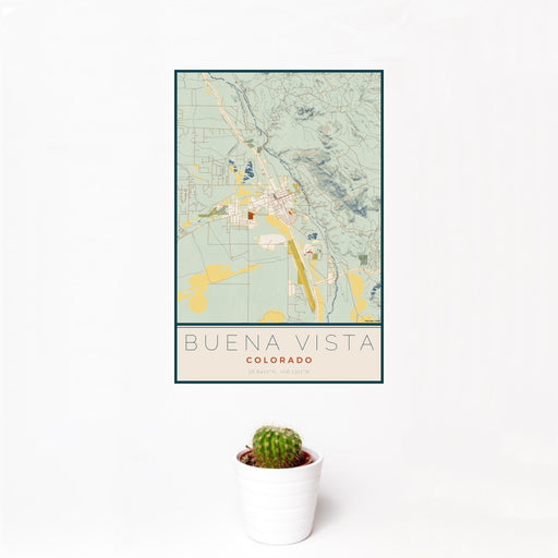 12x18 Buena Vista Colorado Map Print Portrait Orientation in Woodblock Style With Small Cactus Plant in White Planter