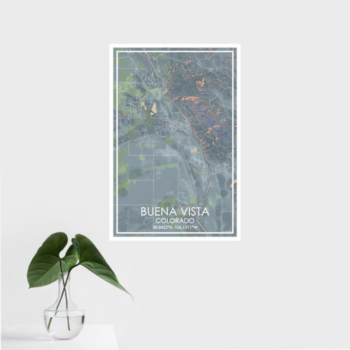 16x24 Buena Vista Colorado Map Print Portrait Orientation in Afternoon Style With Tropical Plant Leaves in Water