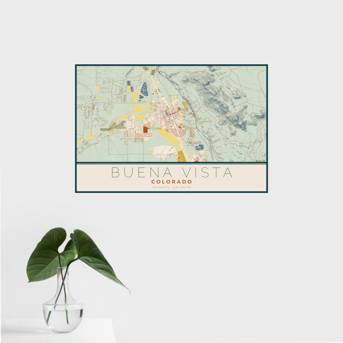 16x24 Buena Vista Colorado Map Print Landscape Orientation in Woodblock Style With Tropical Plant Leaves in Water
