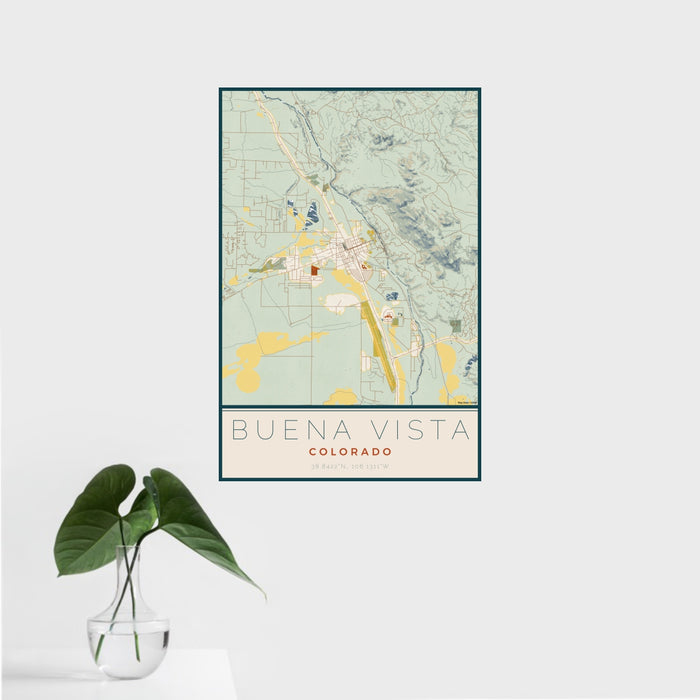 16x24 Buena Vista Colorado Map Print Portrait Orientation in Woodblock Style With Tropical Plant Leaves in Water