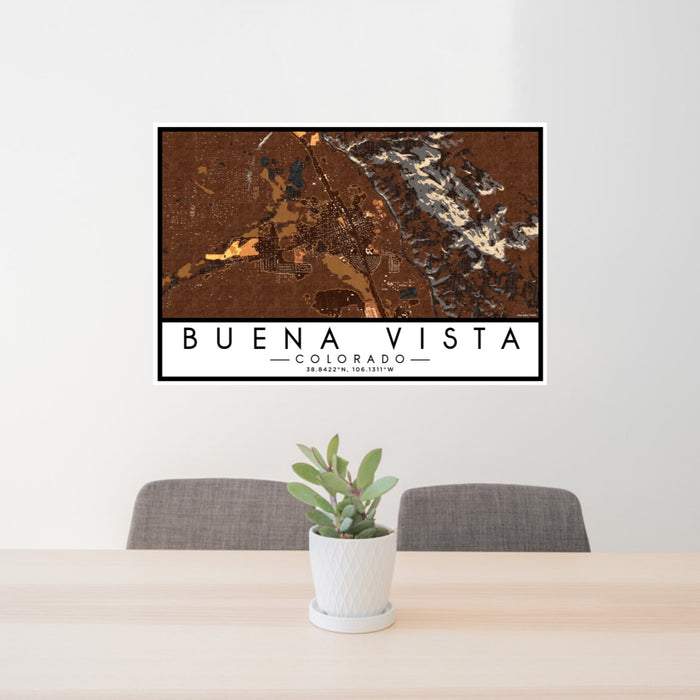 24x36 Buena Vista Colorado Map Print Lanscape Orientation in Ember Style Behind 2 Chairs Table and Potted Plant