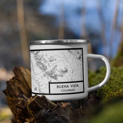 Right View Custom Buena Vista Colorado Map Enamel Mug in Classic on Grass With Trees in Background