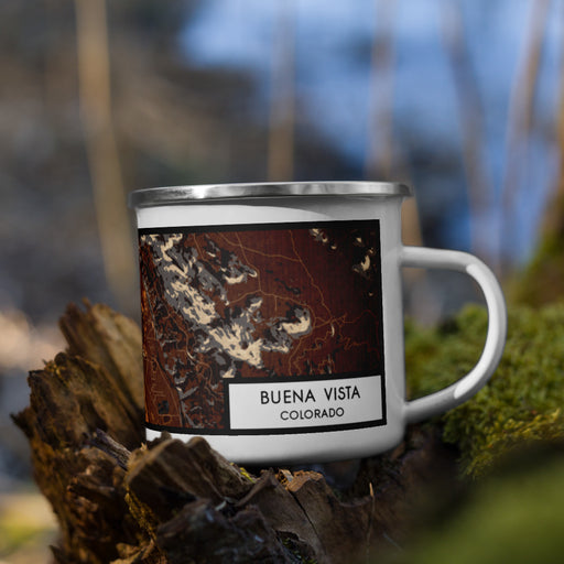 Right View Custom Buena Vista Colorado Map Enamel Mug in Ember on Grass With Trees in Background