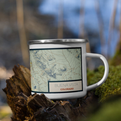 Right View Custom Buena Vista Colorado Map Enamel Mug in Woodblock on Grass With Trees in Background