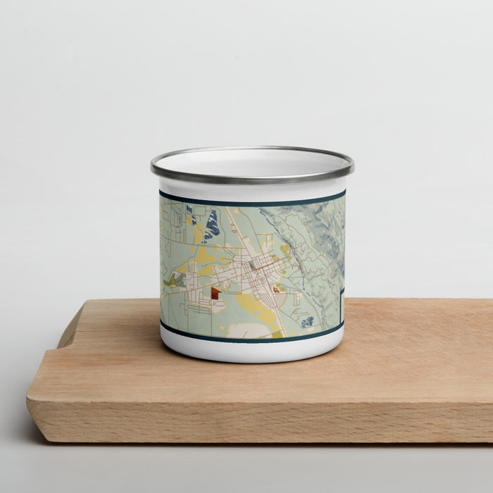 Front View Custom Buena Vista Colorado Map Enamel Mug in Woodblock on Cutting Board