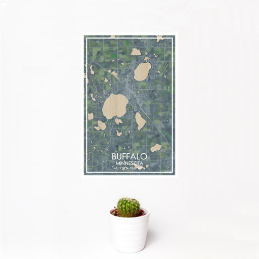 12x18 Buffalo Minnesota Map Print Portrait Orientation in Afternoon Style With Small Cactus Plant in White Planter