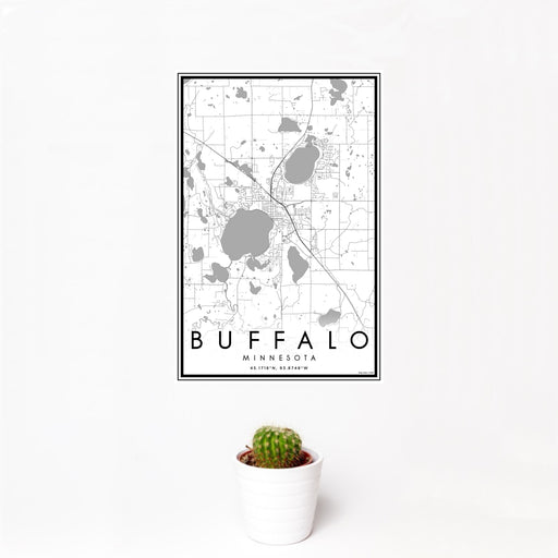 12x18 Buffalo Minnesota Map Print Portrait Orientation in Classic Style With Small Cactus Plant in White Planter