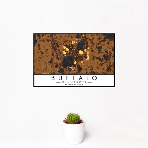 12x18 Buffalo Minnesota Map Print Landscape Orientation in Ember Style With Small Cactus Plant in White Planter