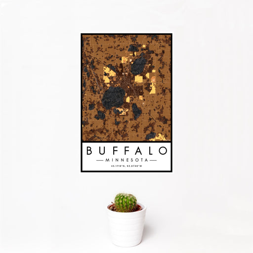 12x18 Buffalo Minnesota Map Print Portrait Orientation in Ember Style With Small Cactus Plant in White Planter
