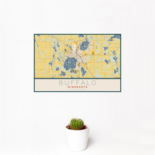 12x18 Buffalo Minnesota Map Print Landscape Orientation in Woodblock Style With Small Cactus Plant in White Planter