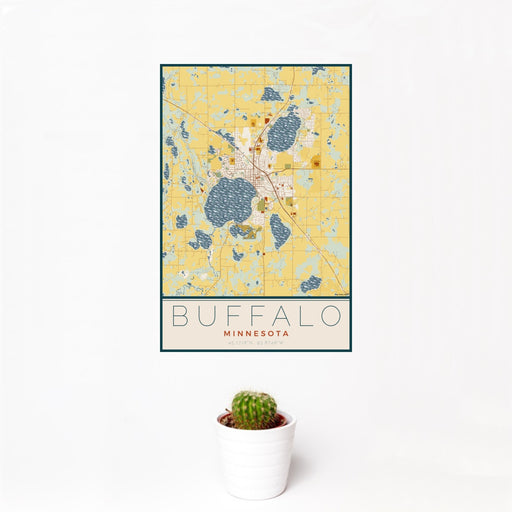 12x18 Buffalo Minnesota Map Print Portrait Orientation in Woodblock Style With Small Cactus Plant in White Planter