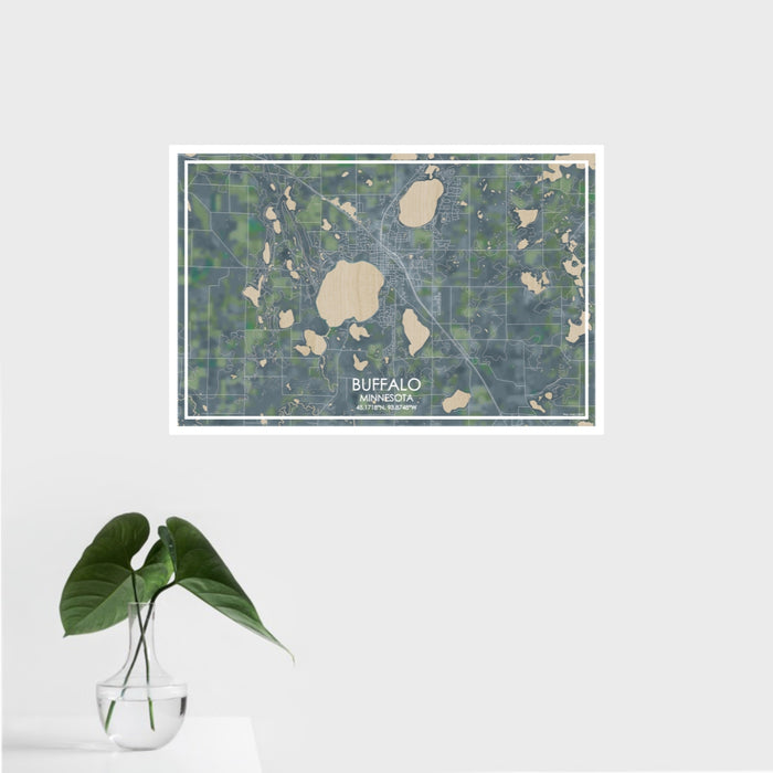 16x24 Buffalo Minnesota Map Print Landscape Orientation in Afternoon Style With Tropical Plant Leaves in Water