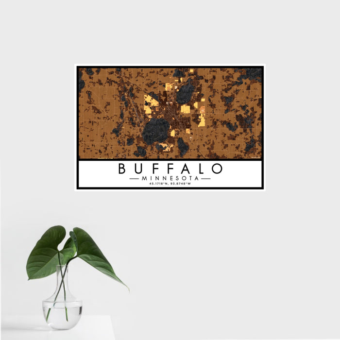 16x24 Buffalo Minnesota Map Print Landscape Orientation in Ember Style With Tropical Plant Leaves in Water