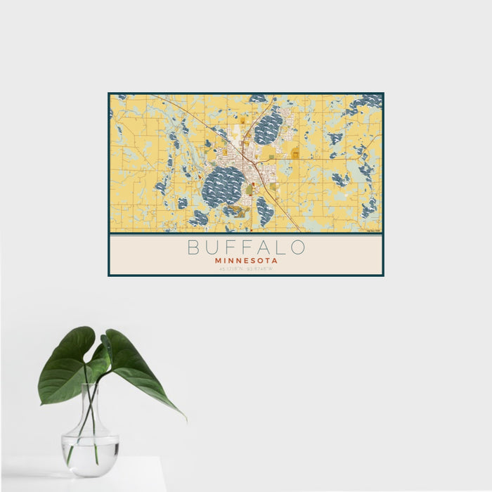 16x24 Buffalo Minnesota Map Print Landscape Orientation in Woodblock Style With Tropical Plant Leaves in Water