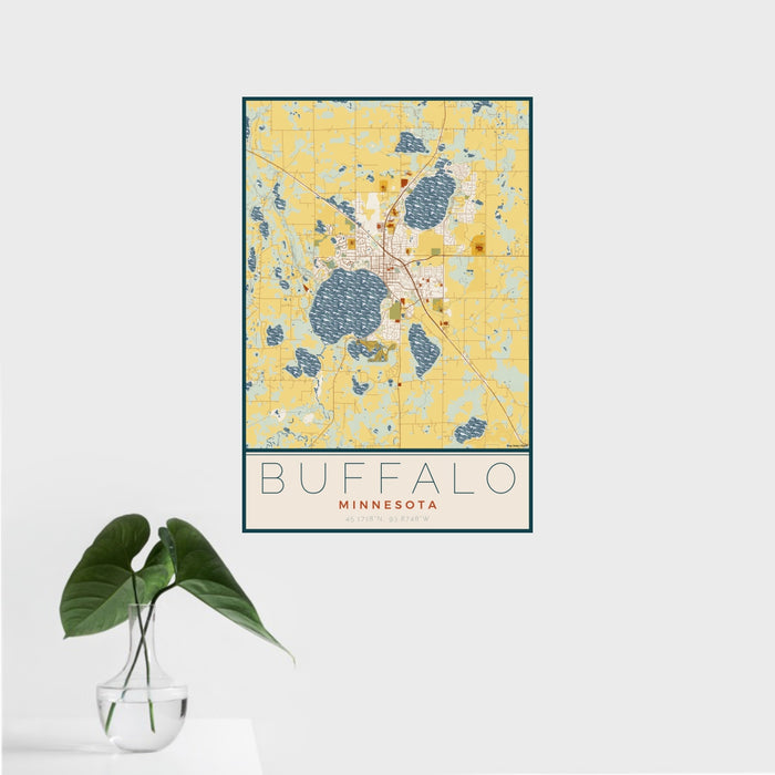 16x24 Buffalo Minnesota Map Print Portrait Orientation in Woodblock Style With Tropical Plant Leaves in Water