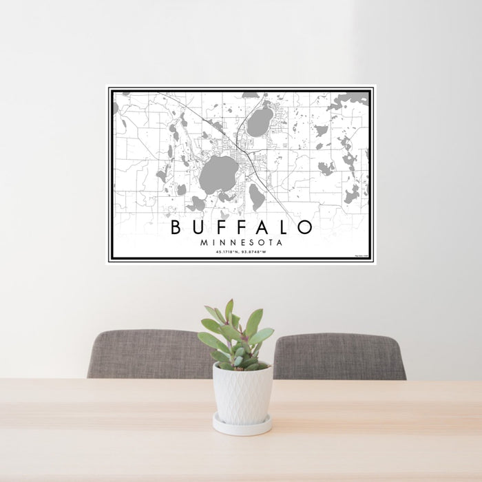 24x36 Buffalo Minnesota Map Print Lanscape Orientation in Classic Style Behind 2 Chairs Table and Potted Plant