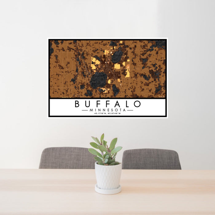 24x36 Buffalo Minnesota Map Print Lanscape Orientation in Ember Style Behind 2 Chairs Table and Potted Plant